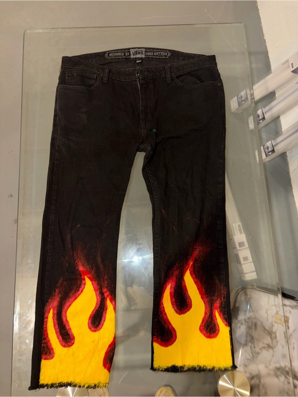 Vans Men’s Black Jeans with Custom Art of Yellow and Red Flames on the Hem